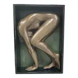 Bill Mack, Enigma, Cast bronze high-relief sculpture Signature: Hand-signed and numbered in ink on the lower-left background panel Edition Number: 60/95 Specs (Dimensions): 37 x 26.5 x 8 in. Bill Mack American sculptor high relief alto relief cast bronze sculpture shadowbox frame female nude body athletic form anatomy muscles compressed contained boxed contortionist modern realism figurative art limited edition signed numbered 60/95 verdigris background gallery replacement luxury art collection auction ready enigma classical balance body line pose inventory logistics database catalog ready entry data sheet.