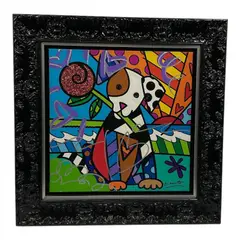 Romero Britto, Puppy Love Cyan VI, 2019 (Acquired/processed via NCL Bliss in 2021), Acrylic and mixed media with glitter and silver paint pen over canvas Signature: Hand-signed lower right; fully inscribed, dated, and stamped with official "RR" copyright seal on the reverse Features: Multi-layered cruise line auction provenance sticker on paper backing; high-gloss ornate black baroque frame