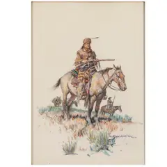 Untitled by Nick Eggenhofer, watercolor and gouache on paper painting "Indian Holding a Gun on Horseback", offered May 2024