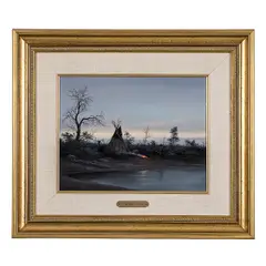 Framed Gene Speck (b. 1937) by Gene Speck, oil on board painting depicting a Native American and a teepee at water's edge, offered May 2023