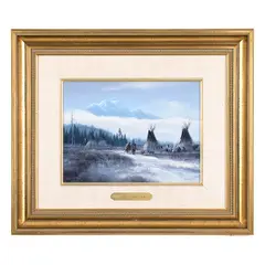 Framed Gene Speck (b. 1937) by Gene Speck, oil on board painting, "Winter Time Camp", offered May 2023