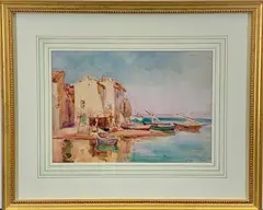Mediterranean Harbor With Fishing Boats And Quayside Buildings by James Herbert Snell, Watercolor, offered May 2026