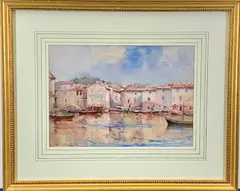 Mediterranean Harbor Town With Fishing Boats And Hillside by James Herbert Snell, Watercolor, offered May 2026