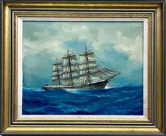 Luca Papaluca, Full sail clipper ship, gouache on paperboard