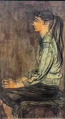 Billy Morrow Jackson, Resin Coated Painting of Young Woman, Ink and Gouche