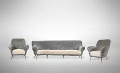 Gigi Radice, Living room set, Pair of armchairs and curved sofa realized in upholstery in red spongy fabric and brass-plated feet.