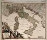 Johann Baptist Homann, Statuum totius Italiae novissima repraesentatio geographica simul exhibens Insu..., Etching