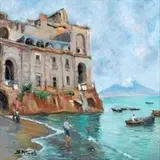 Salvatore Petruolo, Napolitan seascape with fishermen and Vesuvio...