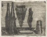 Giorgio Morandi, Still life with figurine, 1922..., Well inked impression printed on the reverse of a fragment of engraved map. On the back information about the