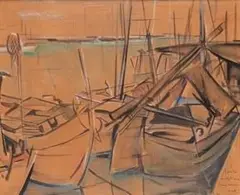 Tullio Crali, Boat in the port, 1950, Signature