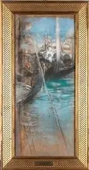 Giovanni Boldini, Venice lagoon and St. Mark Cathedral view, Beautiful colored pastel view of St. Mark's basilica in Venice with image of the lagoon and gondolas