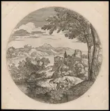 Giovanni Francesco Grimaldi, Paessaggio con quattro figure..., bella impressione on paper vergata In buone condizioni salvo le pieghe agli angoli and residui cartacei al verso.