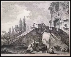 Joseph Wagner, Paesaggio con ponte e frati in conversazione, 1760 ca. ..., discrete condizioni del foglio completo alla linea di composizione and incollata on supporto cartaceo.