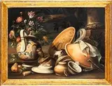 Antonio Calza, Natura morta con stoviglie e vaso di fiori...
