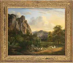 Paesaggio boschivo con pastore e armenti, cascatella, torrente e arco di roccia... by Philipp Jakob Hackert, offered Nov 2022