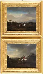 a) Paesaggio con figure, cavaliere e fontanile; b) Paesaggio con coppia di nobi... by Hendrik Frans van Lint, offered Nov 2022