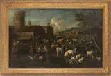 Domenico Brandi, Grande paesaggio laziale con figure, armenti e borghetto con chiesa, torrione e...