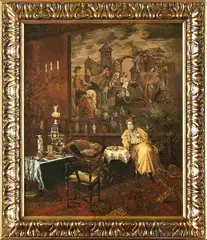 Francesco Brunery, Interno con grande quadro e gentildonna che prende il tè ...