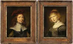 Hans Canon, Coppia di dipinti: a) Ritratto di gentiluomo con cappello rosso; b) ritratto di...