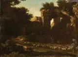 Gaspard Dughet, Paesaggio con pastore, gregge e arco in rovina sullo sfondo...