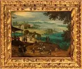 Joos de Momper, Scena di vita quotidiana in un villaggio alle rive del fiume...