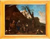 Jan Miel, Paesaggio con cavaliere e famiglia di mendicanti...