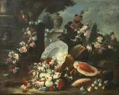 Gasparo Lopez, Natura morta con fiori, anguria e pappagallo in un giardino...