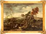 Salvator Rosa, Grande paesaggio con zuffa di cavallerie sullo sfondo...