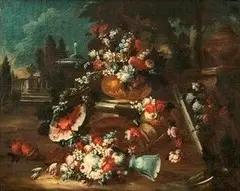 Gasparo Lopez, Natura morta con vaso di fiori e frutta in un giardino...