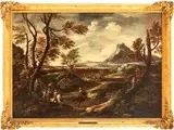 Salvator Rosa, Grande paesaggio con cavalieri e trombettiere in primo piano...