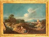 Giuseppe Zais, Paesaggio arcadico con corso d'acqua, ponte e figure...