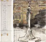Christo, Wrapped Monument to Cristobal Colon (Project for Barcelona), 1976, mixed media on paper applicata on panel