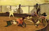 Giovanni Battista Quadrone, Ciarlatani con oche (L'educazione delle oche nel circo), 1897, oil on canvas applicata on panel