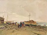 Nicolas De Corsi, Barche sulla spiaggia, oil on canvas