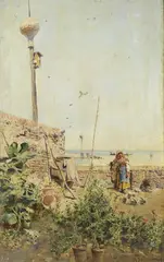 Popolana che nutre i colombi by Mariano de Franceschi, oil on tavoletta, offered Oct 2016