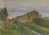 Adolfo Tommasi, Case sul greto, oil on canvas applicata on cardboard