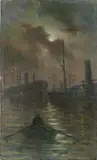 Renuccio Renucci, Porto di notte, oil on canvas applicata on panel