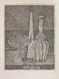Giorgio Morandi, Natura morta con compostiera, bottiglia lunga e bottiglia scannellata, 1928, etching on zinco
