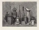 Giorgio Morandi, Grande natura morta con la lampada a destra, 1928, etching on rame