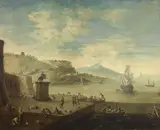 Francesco Simonini, Veduta di porto, oil on canvas