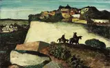 Salvatore Fiume, Paesaggio con figure a cavallo, oil on faesite