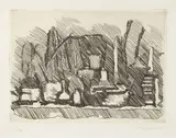 Giorgio Morandi, Natura morta di vasi, bottiglie ecc. su un tavolo, 1929, etching on rame