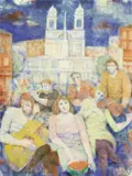 Remo Squillantini, Ragazzi a Trinità dei Monti, 1986, oil on panel