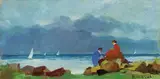 Due figure sul mare by Renato Natali, oil on compensato, offered Oct 2015