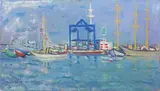 Moses Levy, Darsena di Viareggio con ponte gru, 1958, oil on faesite