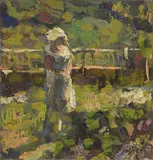 Carlo Corsi, Figura in giardino, 1921, oil on cardboard applicato on faesite