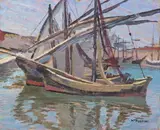 Mario Puccini, Barche in porto, oil on tavoletta