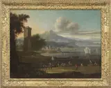 Adriaen van der Cabel, Marina con città e torre, oil on canvas
