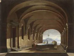 Viviano Codazzi, Architettura con vasca e lavandaie, oil on canvas