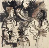 Renato Guttuso, Convivio, 1961, mixed media on paper applicata on canvas